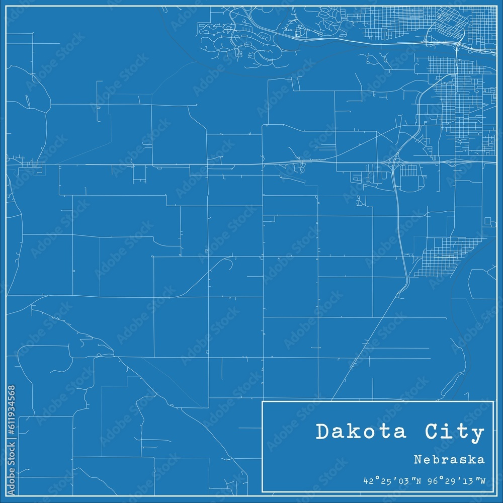 Blueprint US city map of Dakota City, Nebraska.