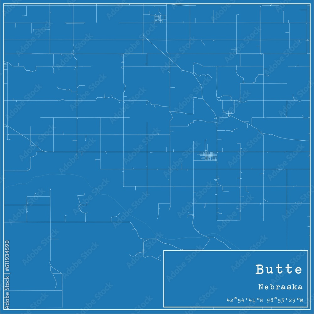 Blueprint US city map of Butte, Nebraska.