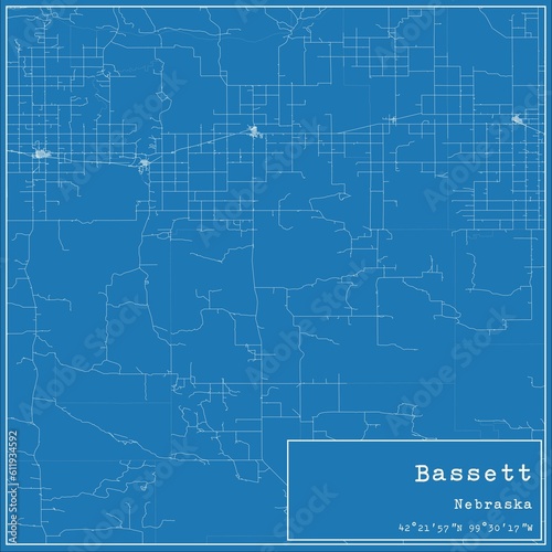 Blueprint US city map of Bassett, Nebraska.