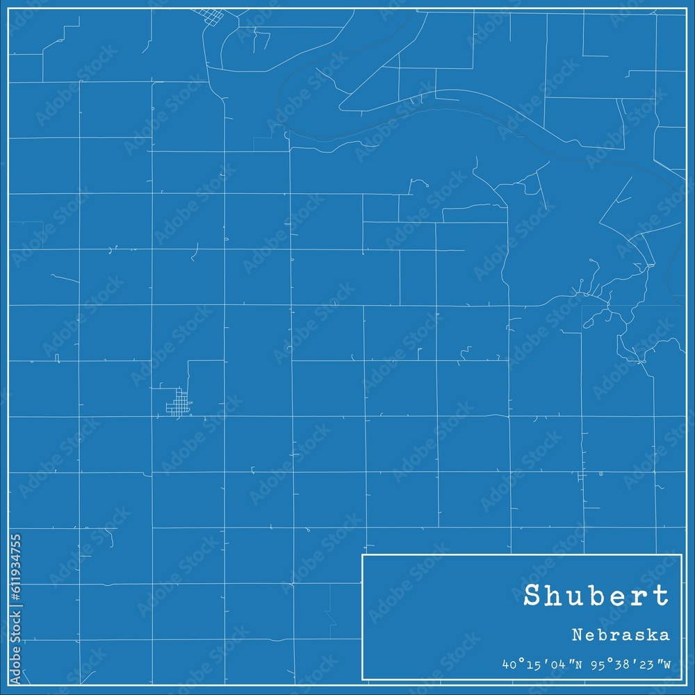 Blueprint US city map of Shubert, Nebraska.