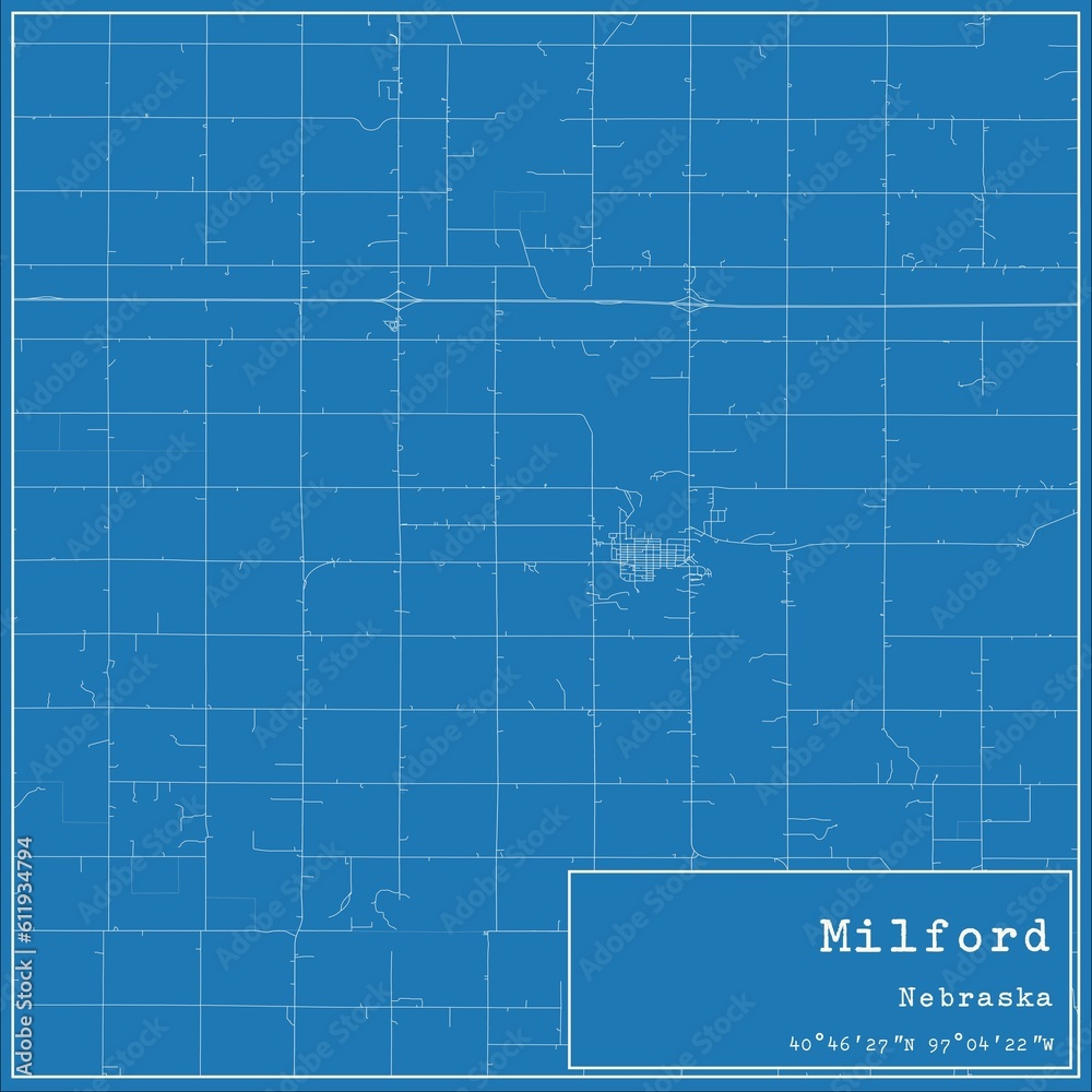 Blueprint US city map of Milford, Nebraska.