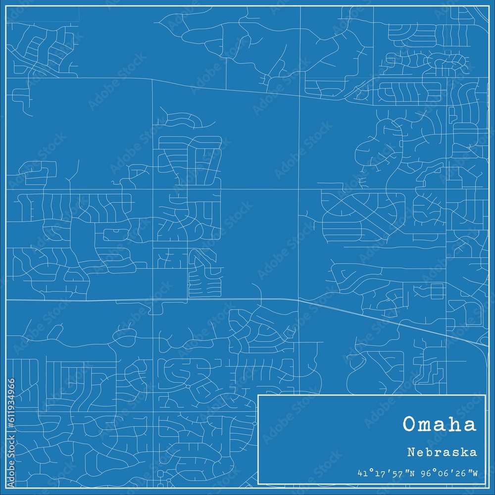 Blueprint US city map of Omaha, Nebraska.