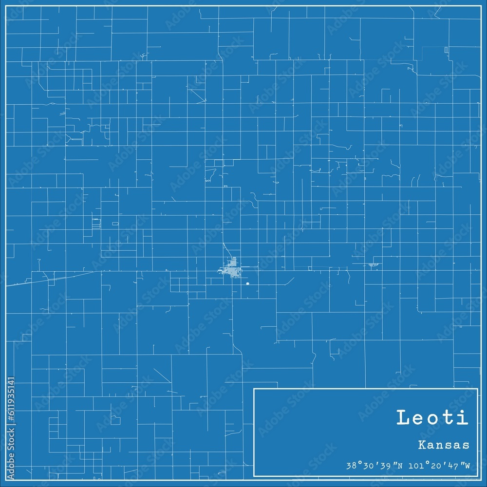 Blueprint US city map of Leoti, Kansas.