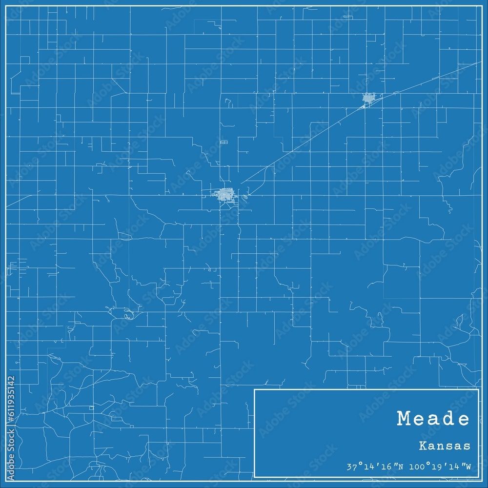 Blueprint US city map of Meade, Kansas.