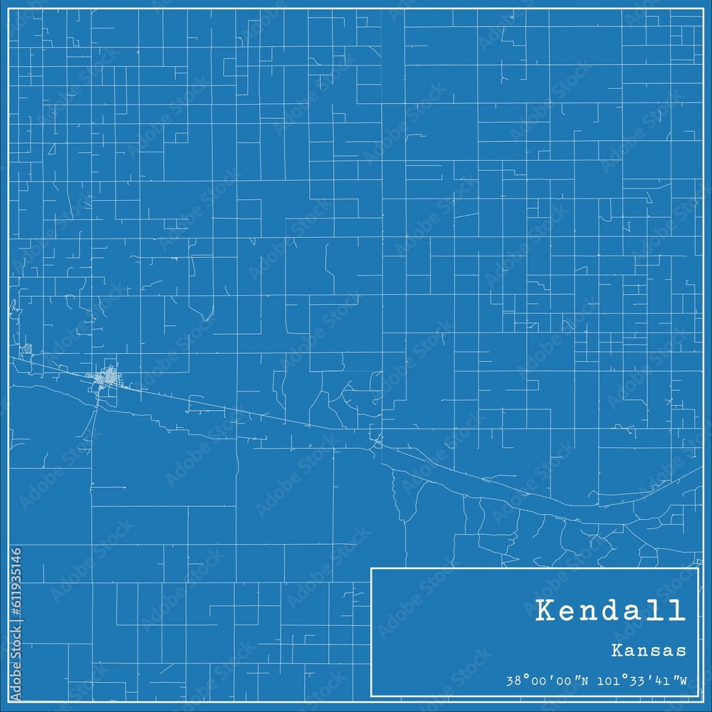 Blueprint US city map of Kendall, Kansas.