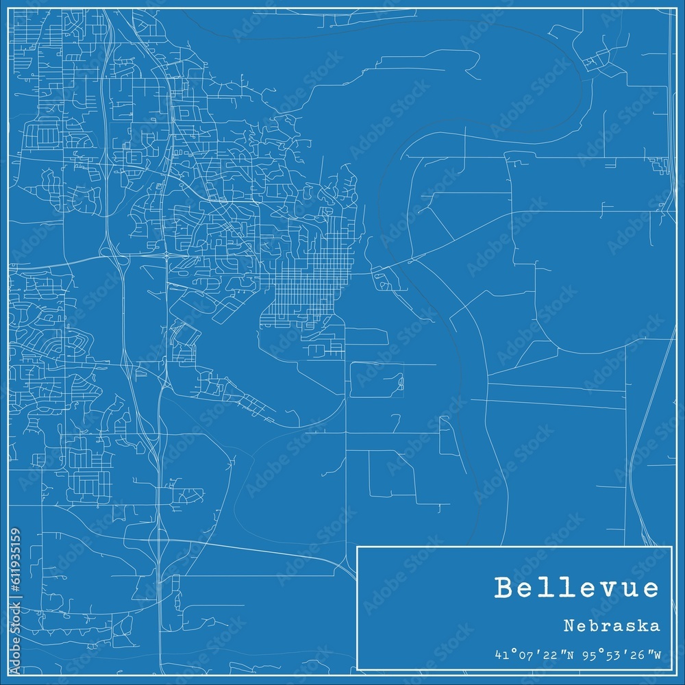 Blueprint US city map of Bellevue, Nebraska.