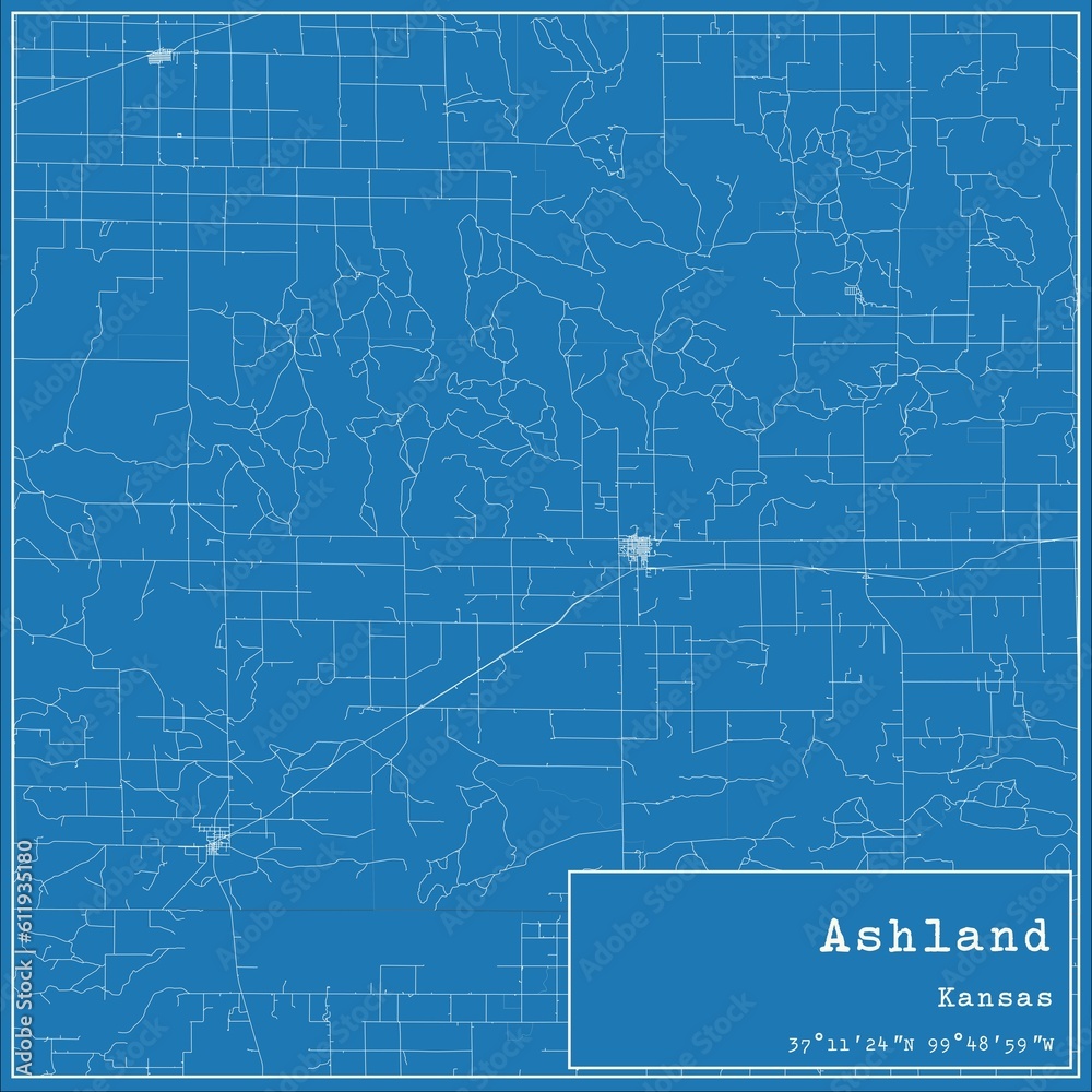 Blueprint US city map of Ashland, Kansas.