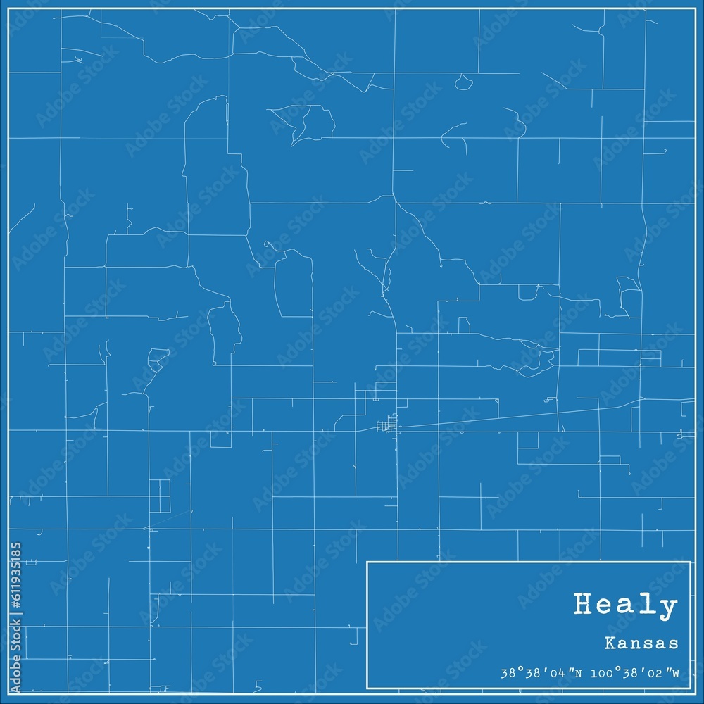 Blueprint US city map of Healy, Kansas.