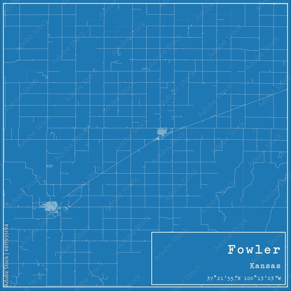 Obraz premium Blueprint US city map of Fowler, Kansas.
