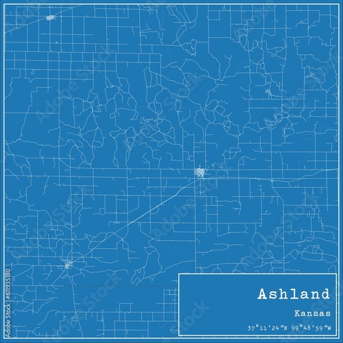 Blueprint US city map of Ashland, Kansas.