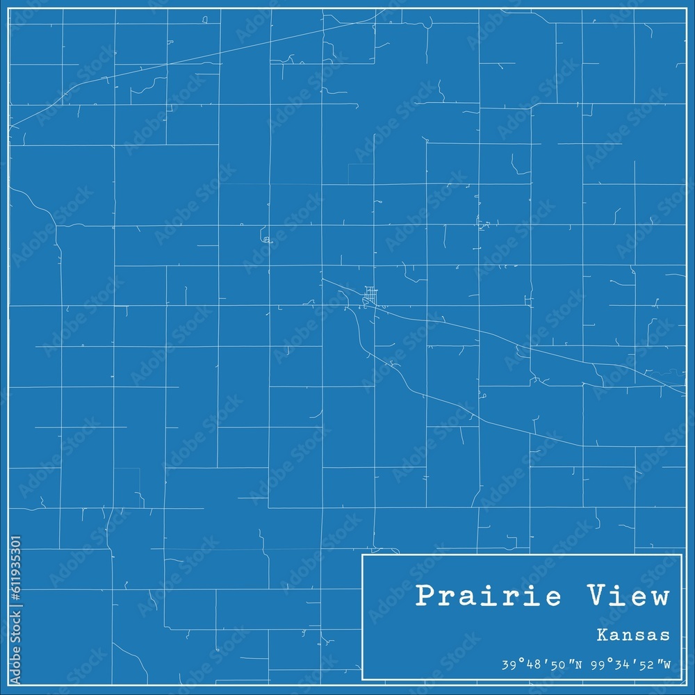Blueprint US city map of Prairie View, Kansas.