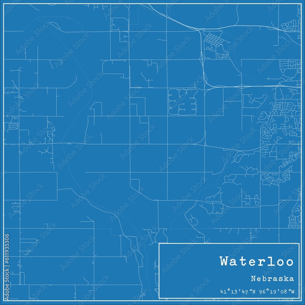Blueprint US city map of Waterloo, Nebraska.