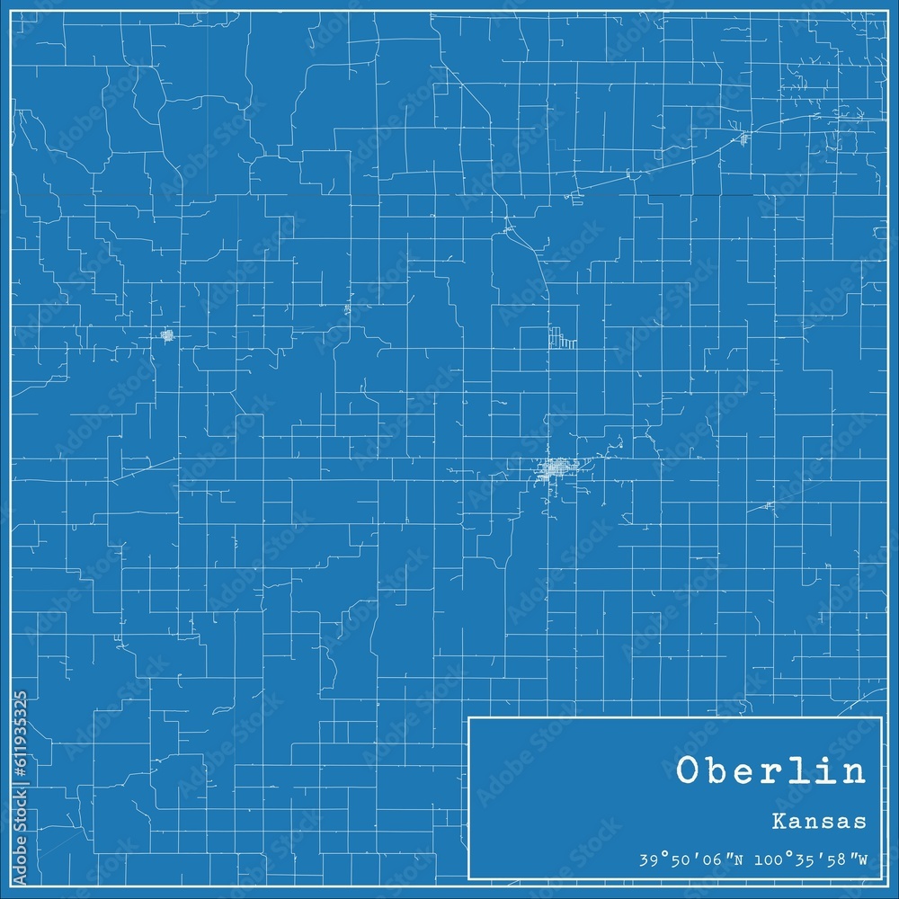 Blueprint US city map of Oberlin, Kansas.