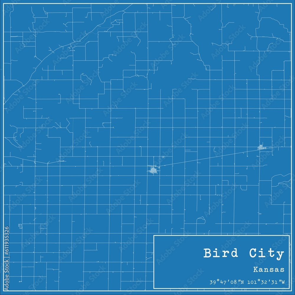 Blueprint US city map of Bird City, Kansas.