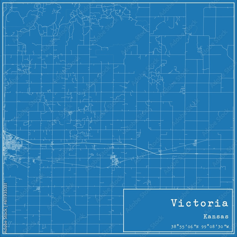 Blueprint US city map of Victoria, Kansas.