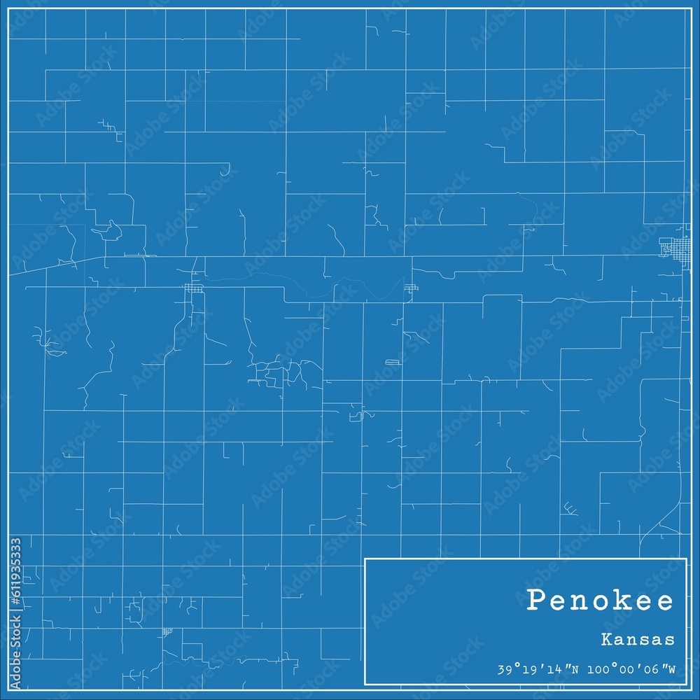 Blueprint US city map of Penokee, Kansas.