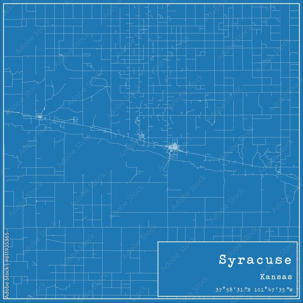 Blueprint US city map of Syracuse, Kansas.