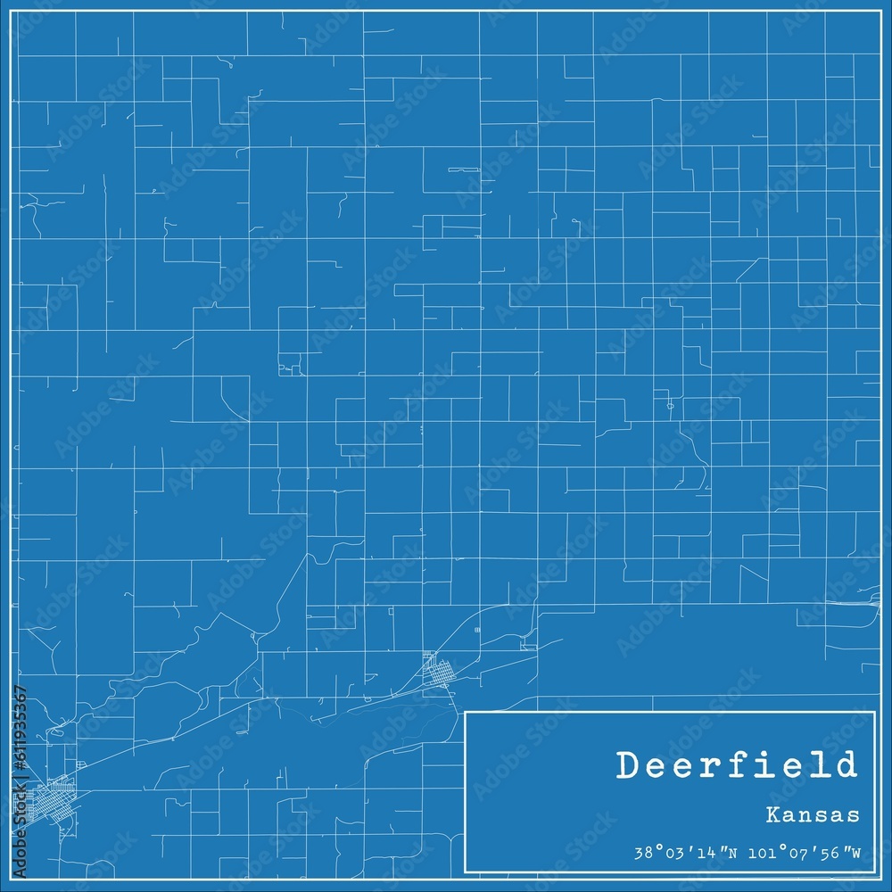 Blueprint US city map of Deerfield, Kansas.