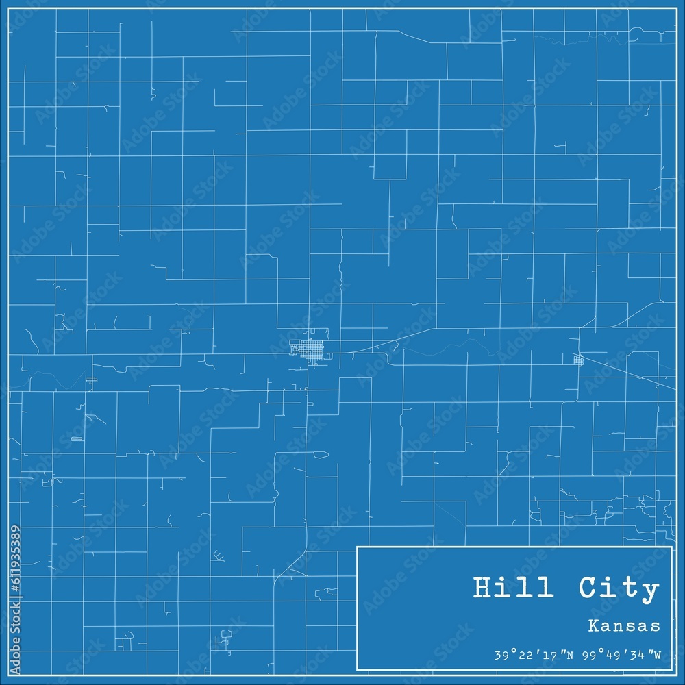 Blueprint US city map of Hill City, Kansas.