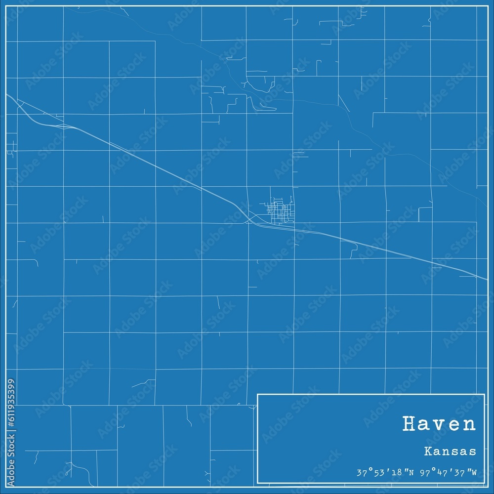 Blueprint US city map of Haven, Kansas.