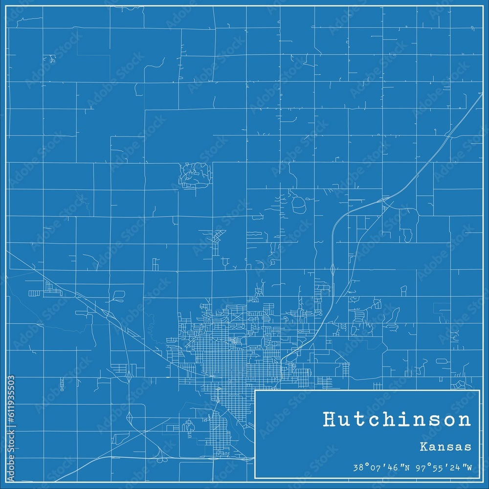 Blueprint US city map of Hutchinson, Kansas.