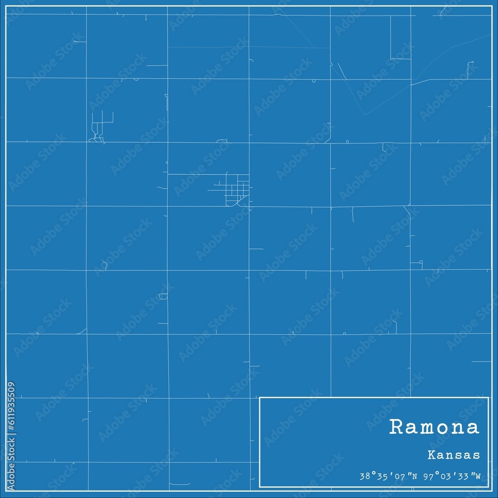 Blueprint US city map of Ramona, Kansas.