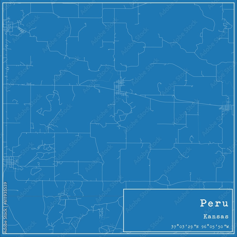 Blueprint US city map of Peru, Kansas.