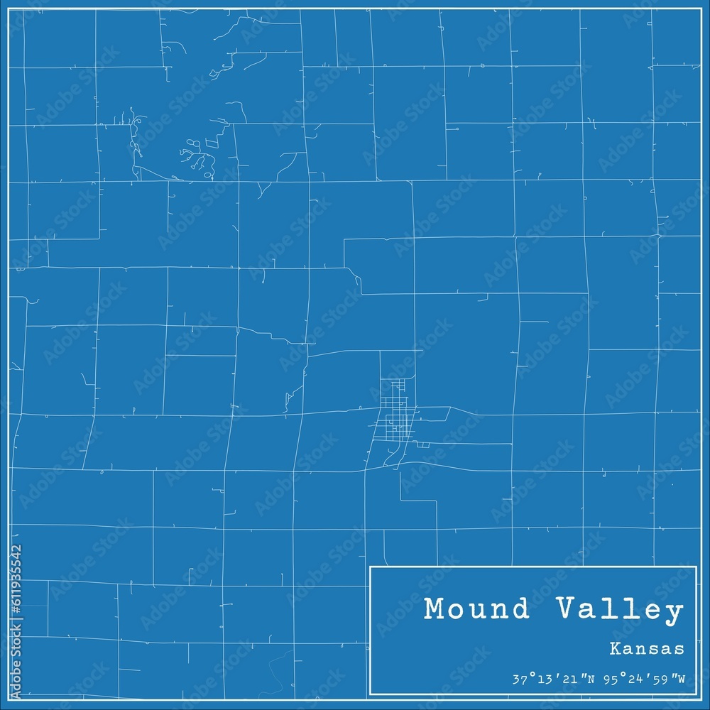 Blueprint US city map of Mound Valley, Kansas.