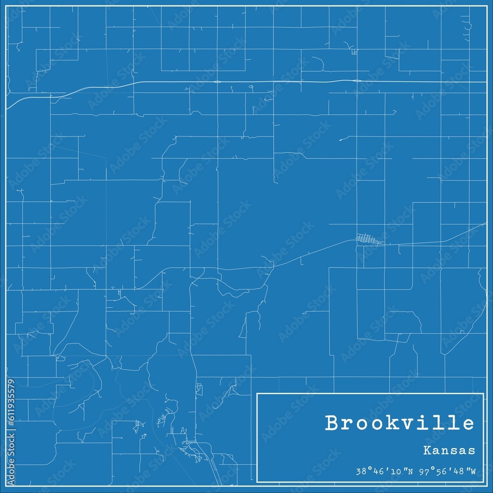 Blueprint US city map of Brookville, Kansas.