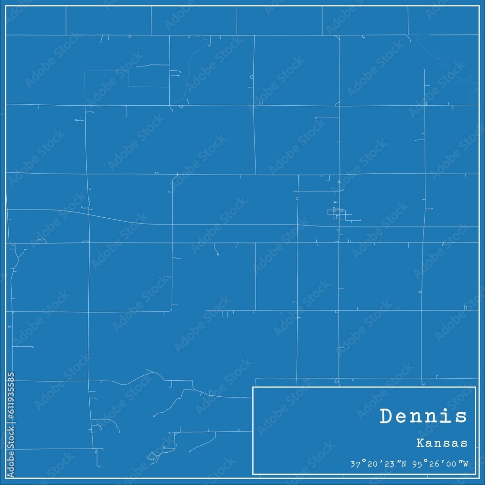 Blueprint US city map of Dennis, Kansas.