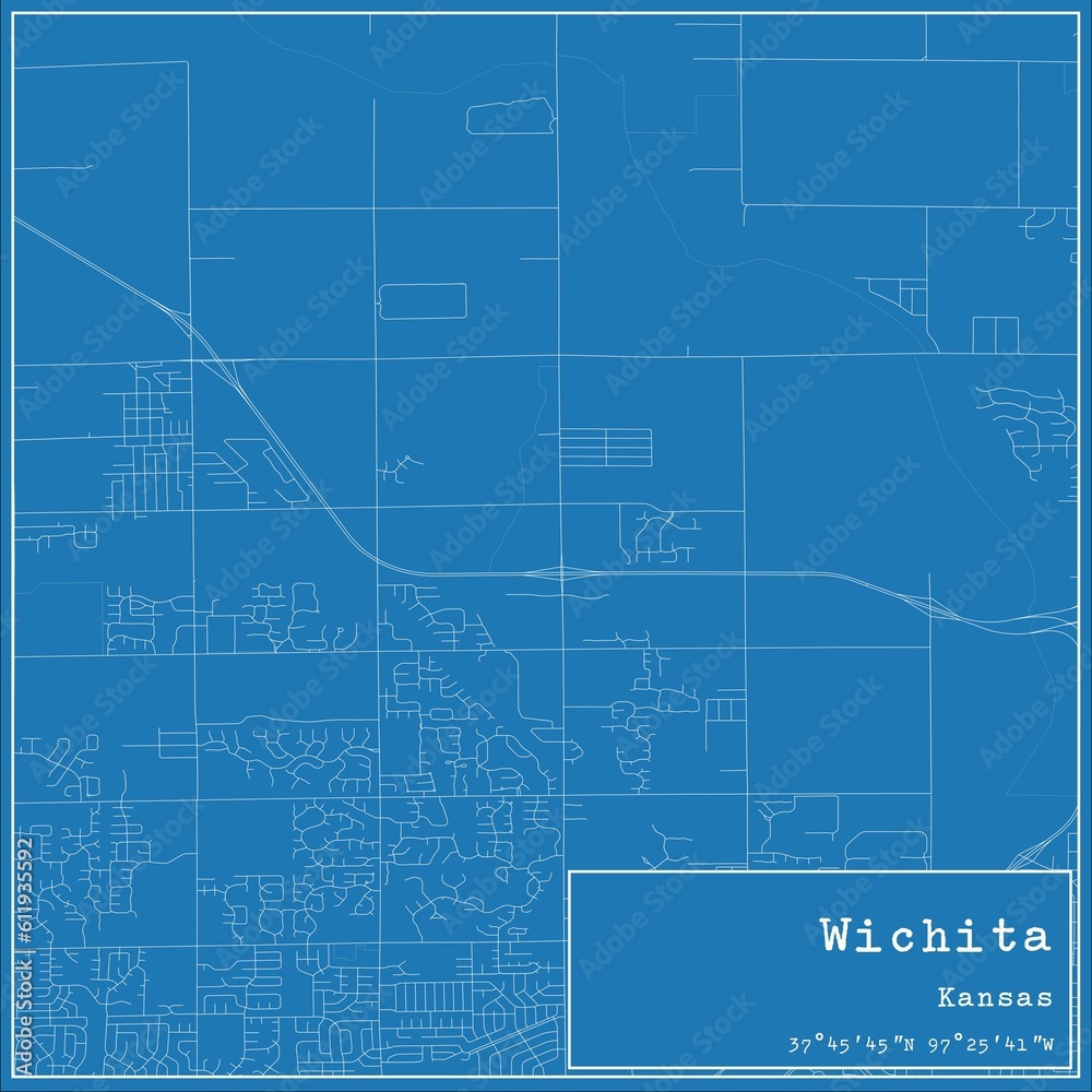 Blueprint US city map of Wichita, Kansas.