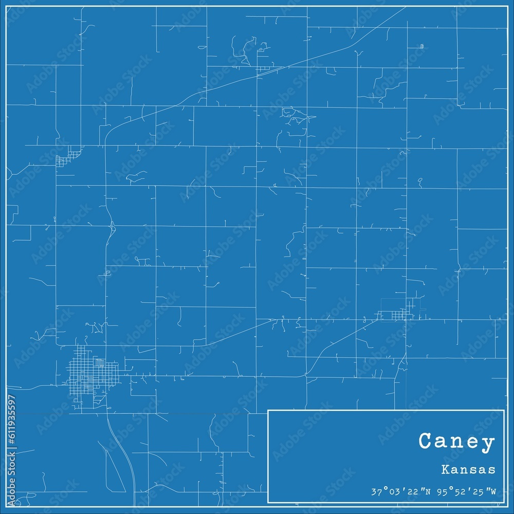 Blueprint US city map of Caney, Kansas.