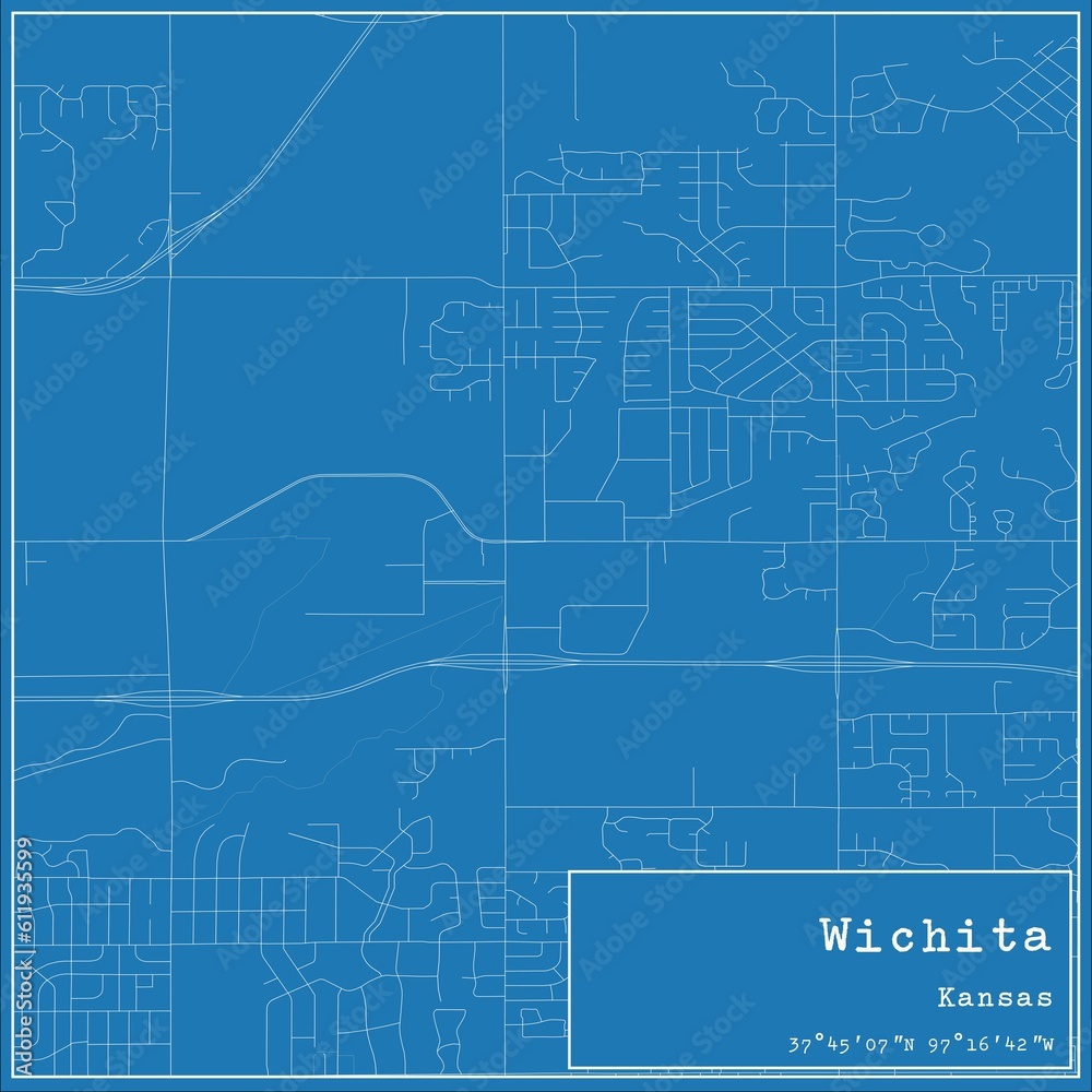 Blueprint US city map of Wichita, Kansas.