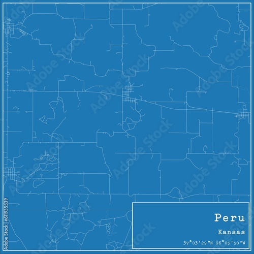 Blueprint US city map of Peru, Kansas.
