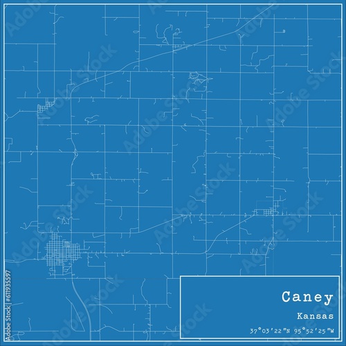 Blueprint US city map of Caney, Kansas.