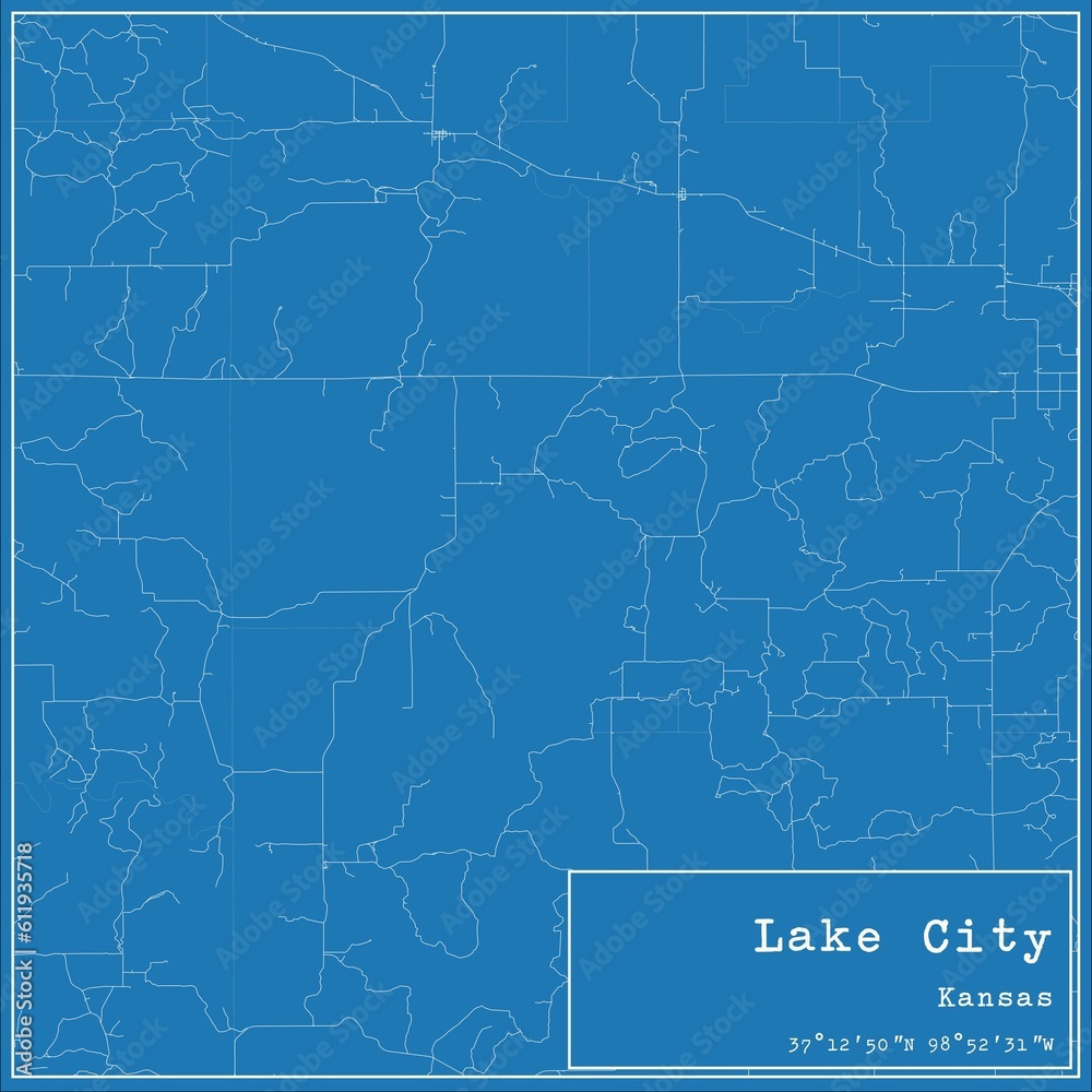 Blueprint US city map of Lake City, Kansas.