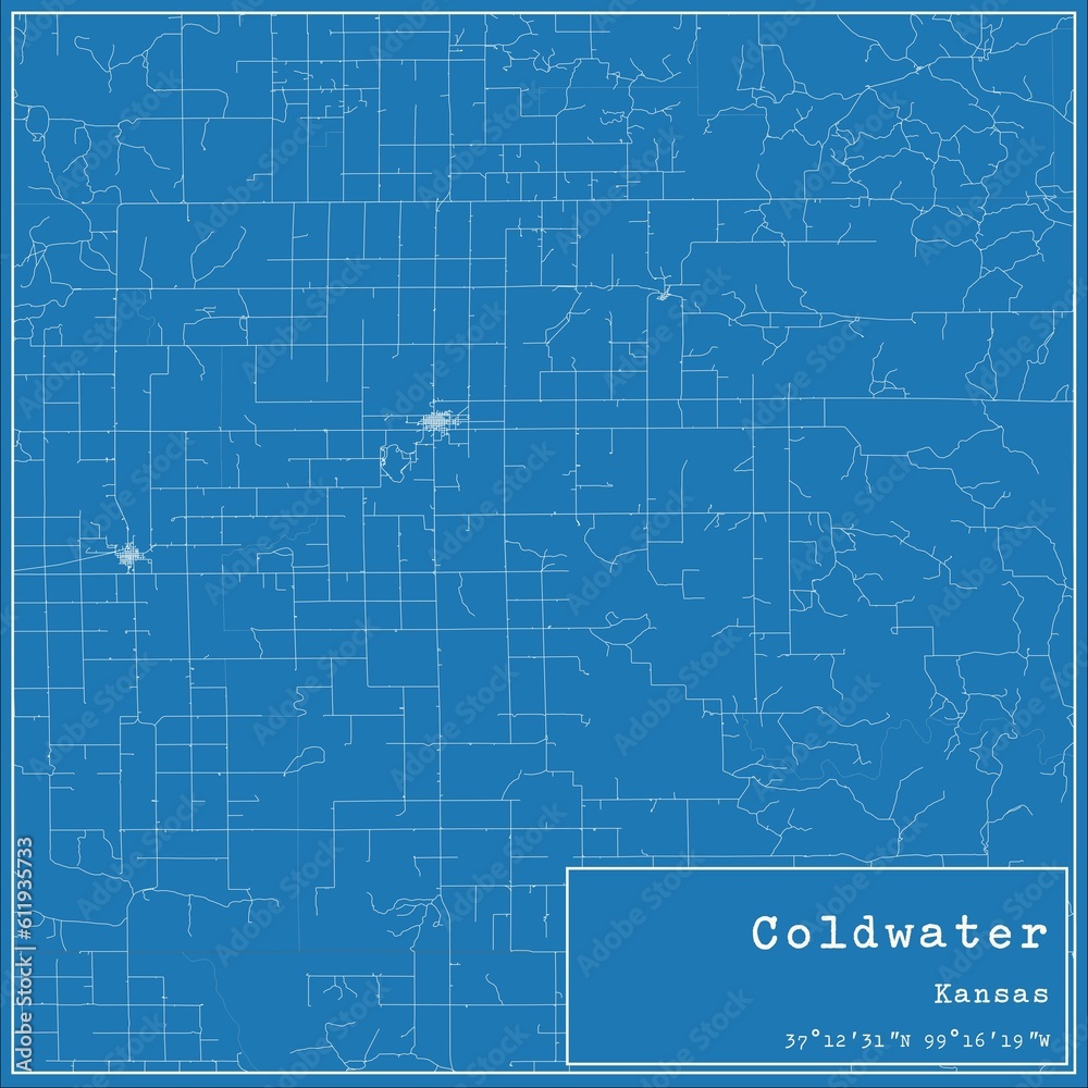 Blueprint US city map of Coldwater, Kansas.
