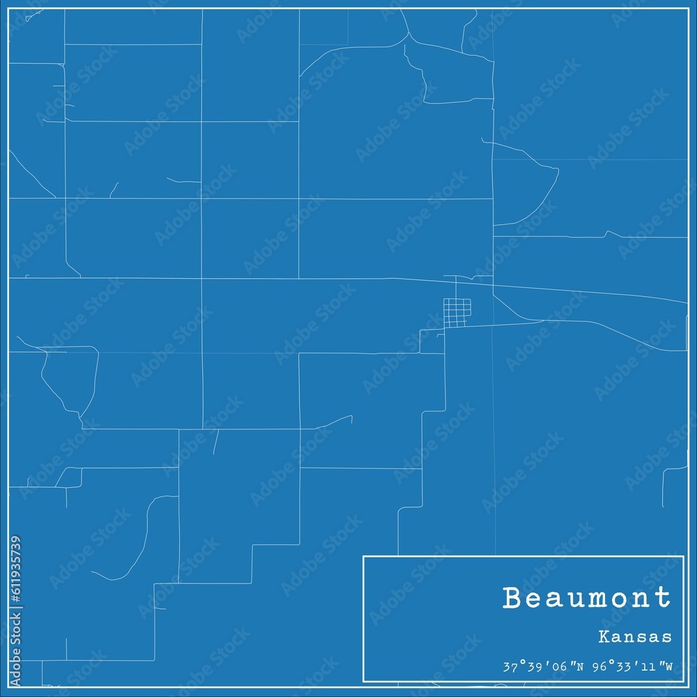 Blueprint US city map of Beaumont, Kansas.
