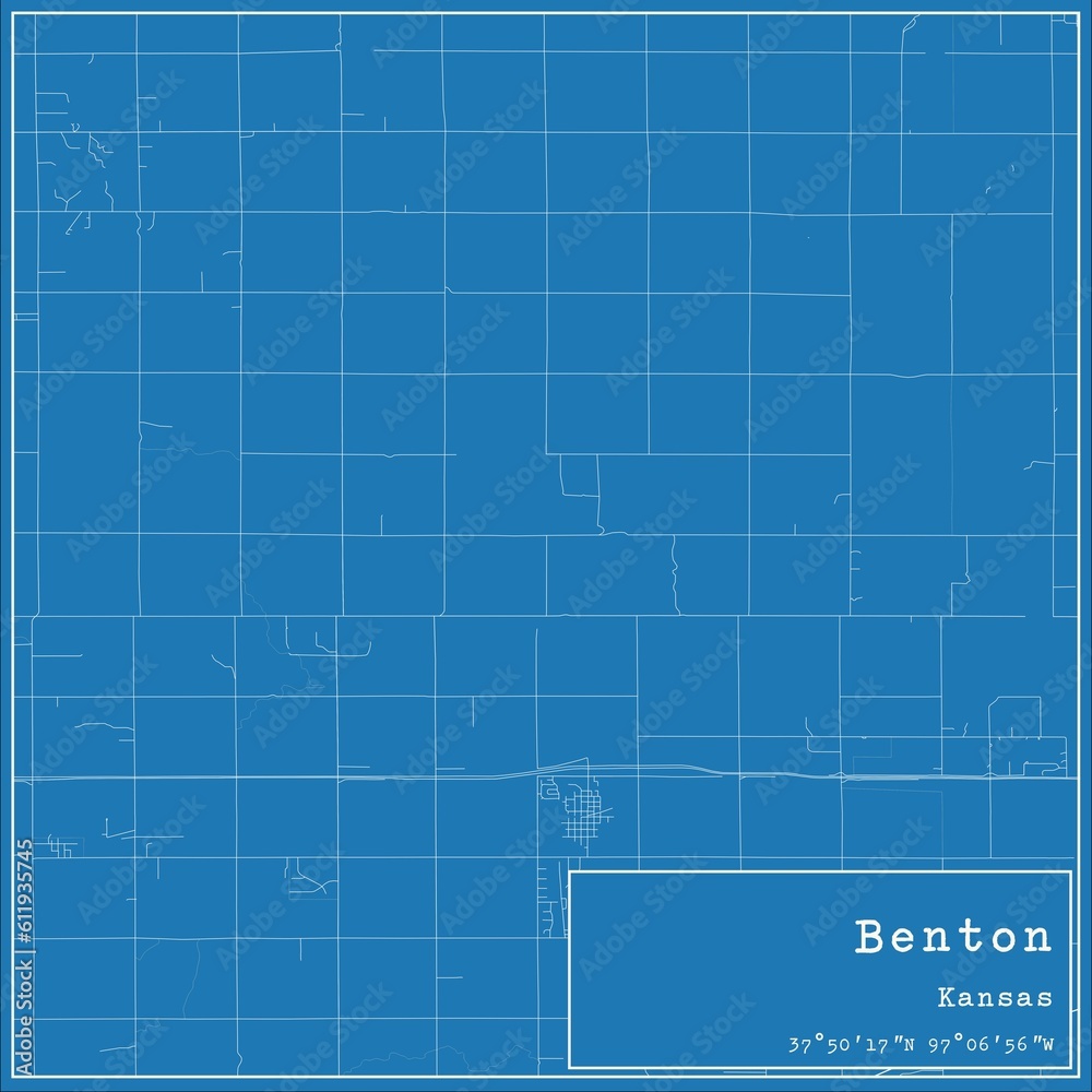Blueprint US city map of Benton, Kansas.