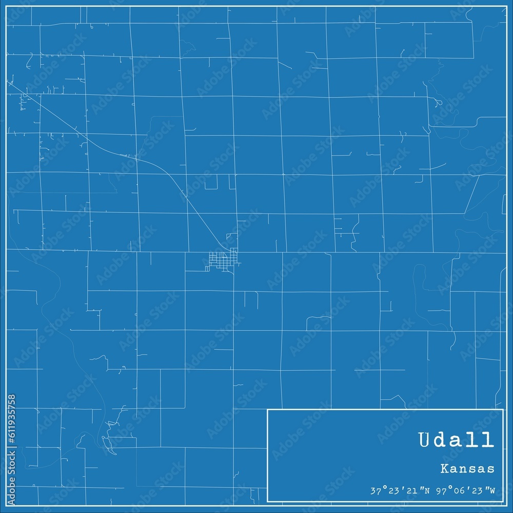 Blueprint US city map of Udall, Kansas.