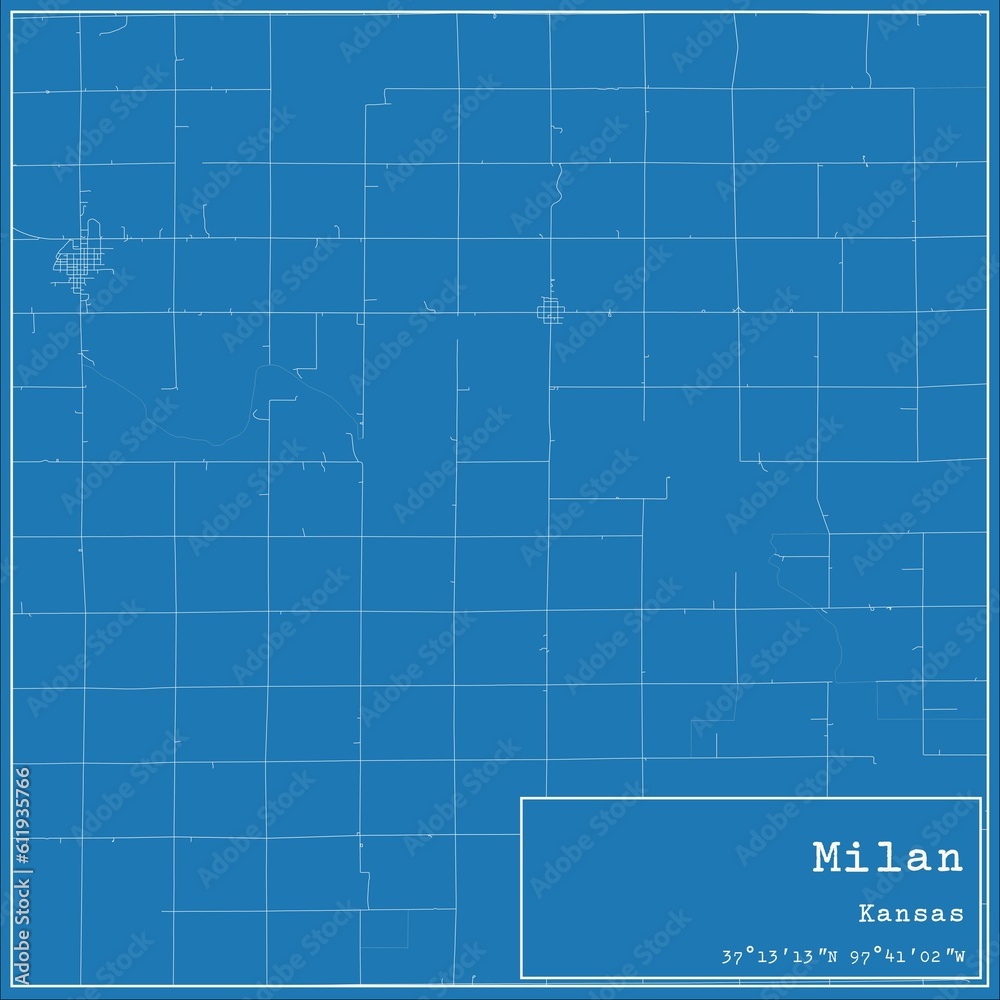 Blueprint US city map of Milan, Kansas.