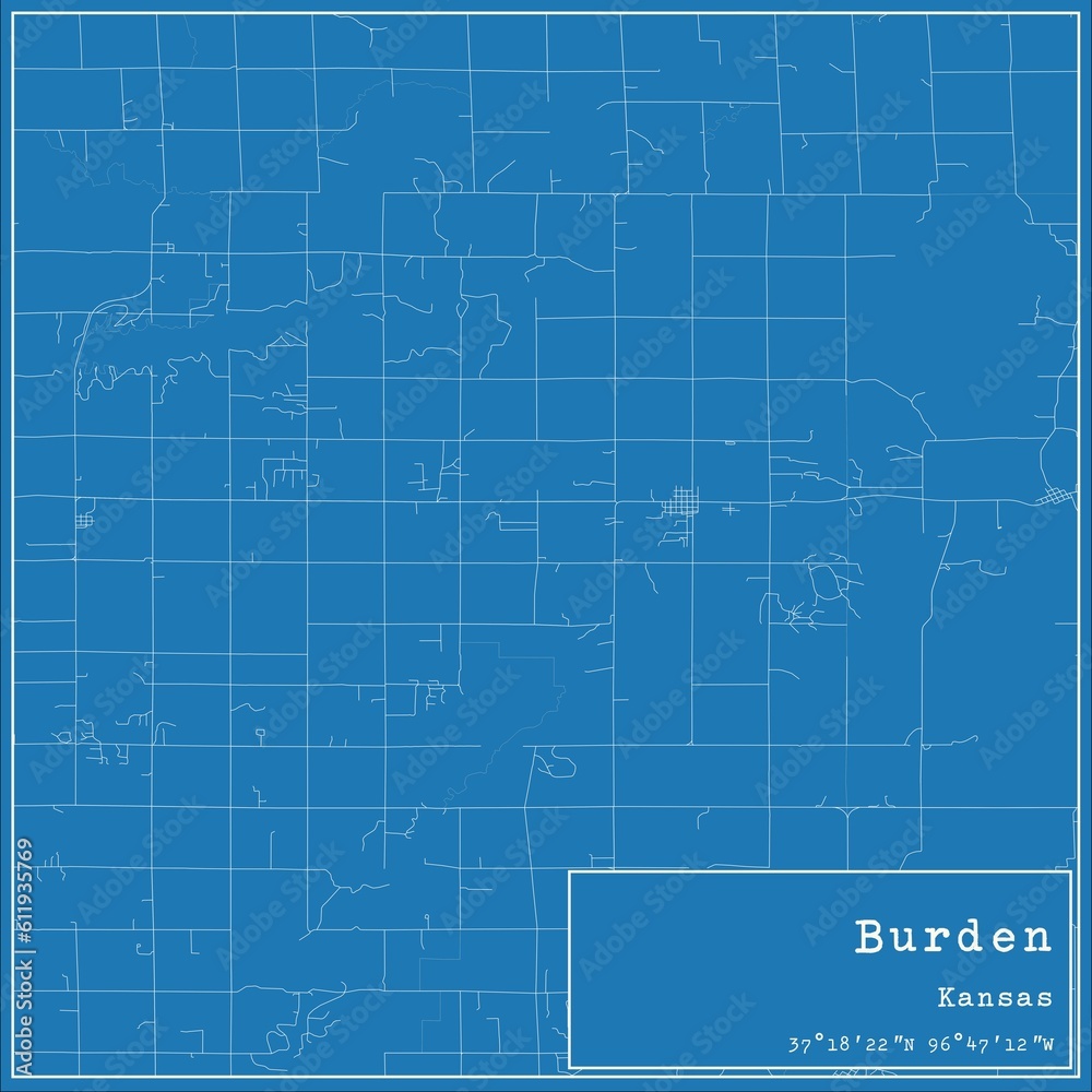 Blueprint US city map of Burden, Kansas.
