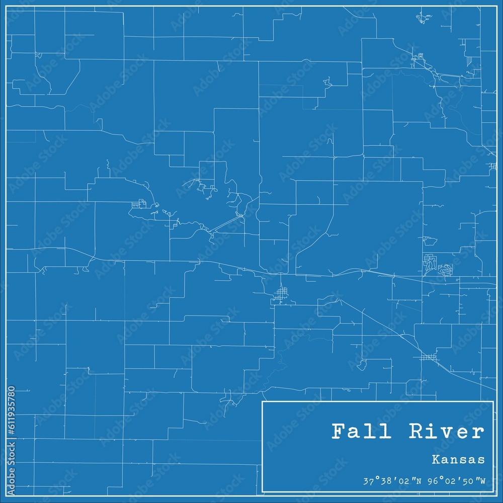 Blueprint US city map of Fall River, Kansas.