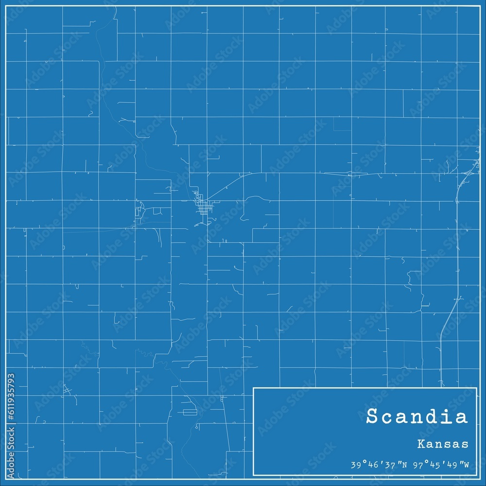 Blueprint US city map of Scandia, Kansas.