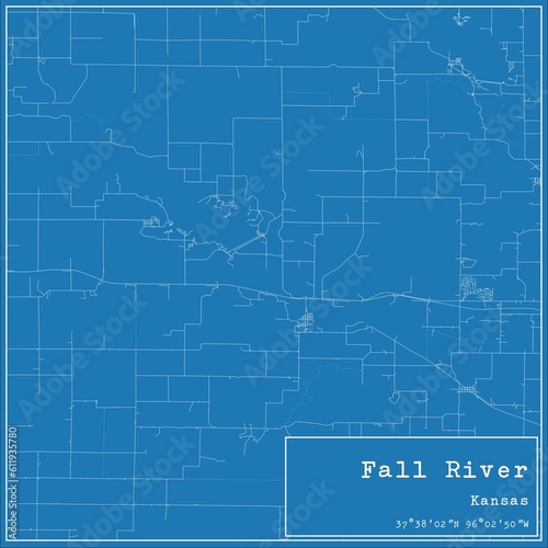 Blueprint US city map of Fall River  Kansas.