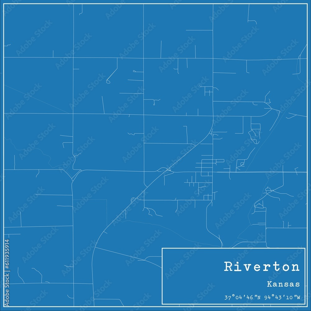 Blueprint US city map of Riverton, Kansas.