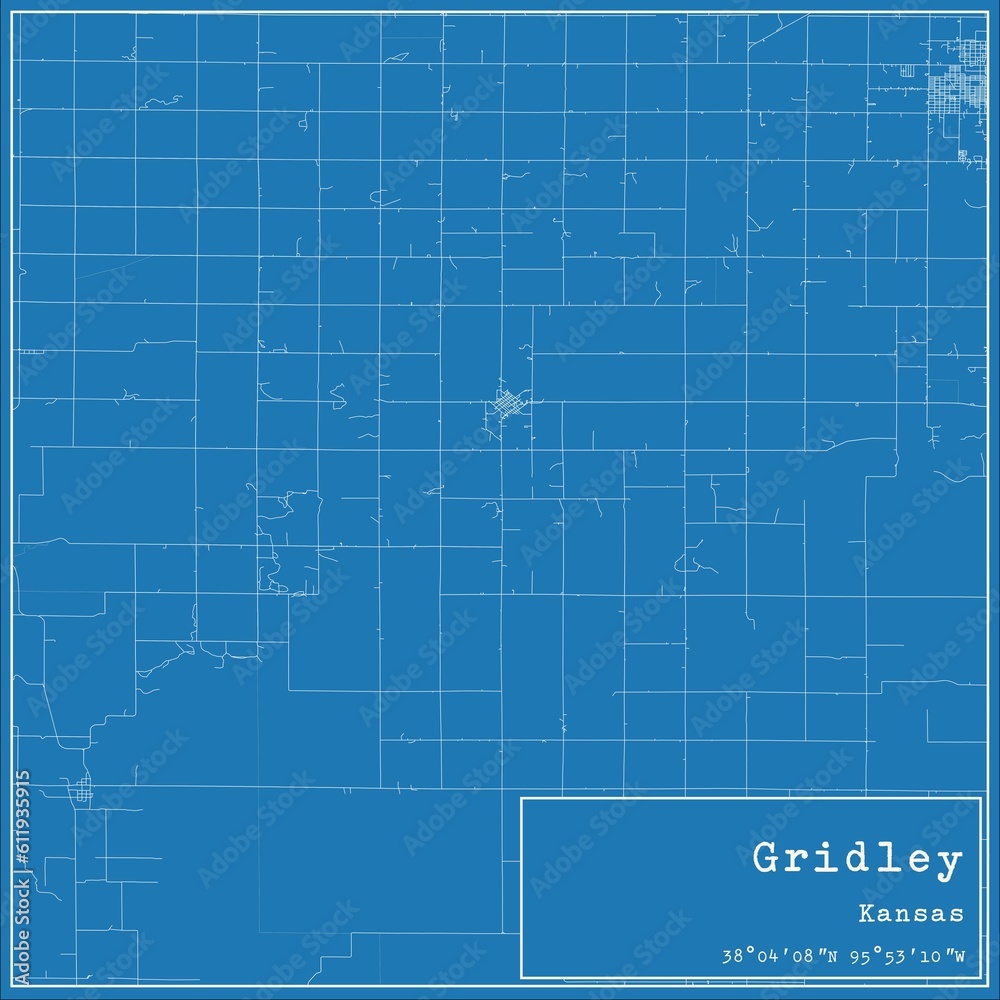 Blueprint US city map of Gridley, Kansas.