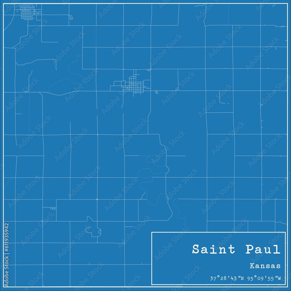 Blueprint US city map of Saint Paul, Kansas.
