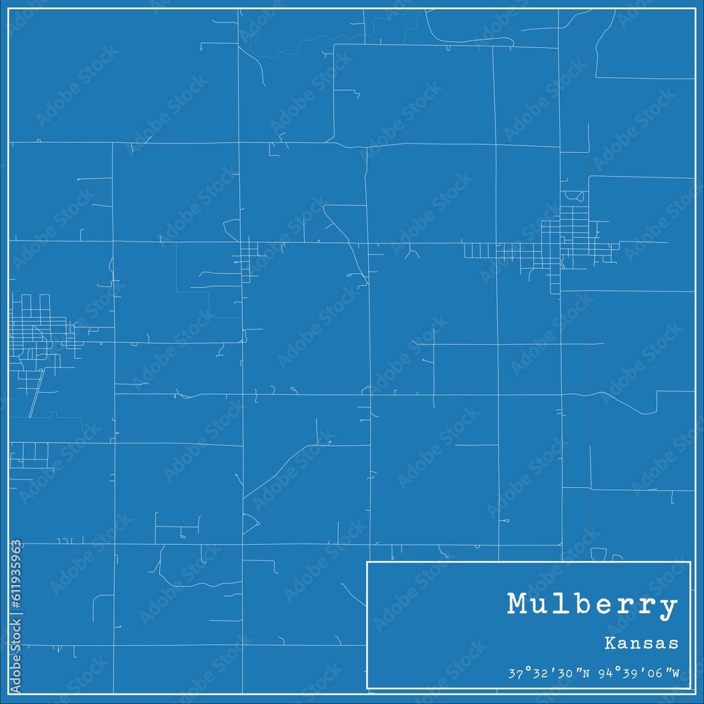 Blueprint US city map of Mulberry, Kansas.