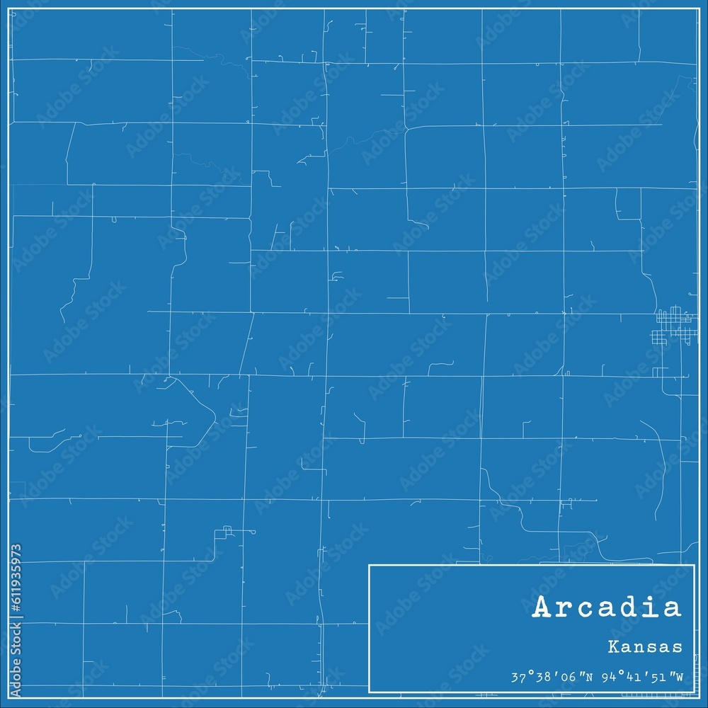 Blueprint US city map of Arcadia, Kansas.